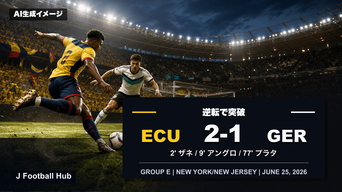 エクアドル対ドイツの2-1、アングロとプラタの得点を示すW杯26グループE試合レビュー用サムネイル