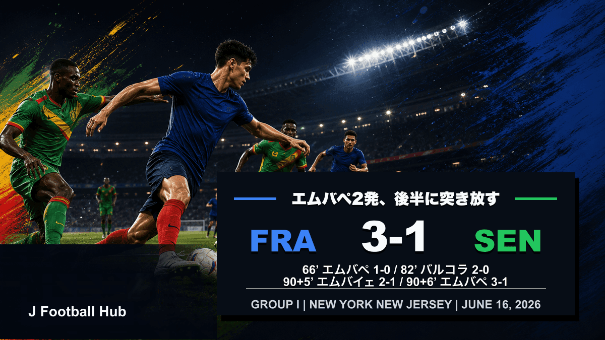 フランスがセネガルを3-1で下したW杯26グループI初戦のスコア入り試合レビュー用サムネイル
