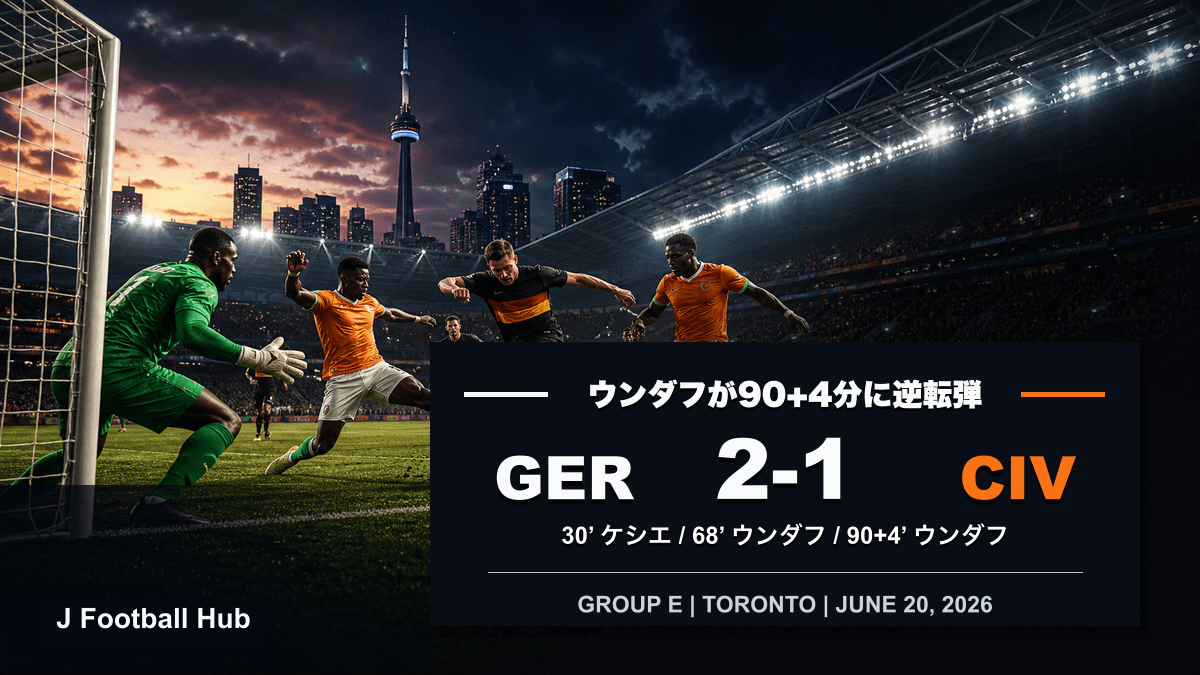 ドイツがコートジボワールに2-1で逆転勝利したW杯26グループE第2戦のスコア入り試合レビュー用サムネイル