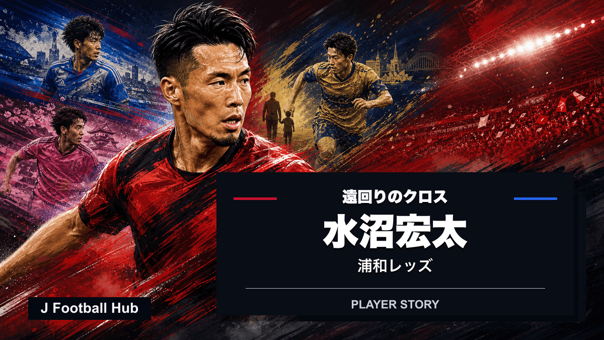 浦和レッズの赤と横浜FM、セレッソ大阪、ニューカッスルの色を重ね、水沼宏太の右サイドでの選択肢を示す選手ストーリー用ビジュアル