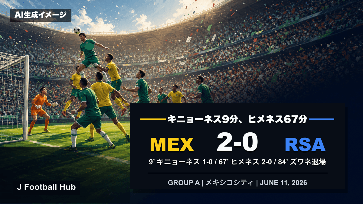 メキシコが南アフリカを2-0で下したW杯26グループA開幕戦のスコア入り試合レビュー用サムネイル