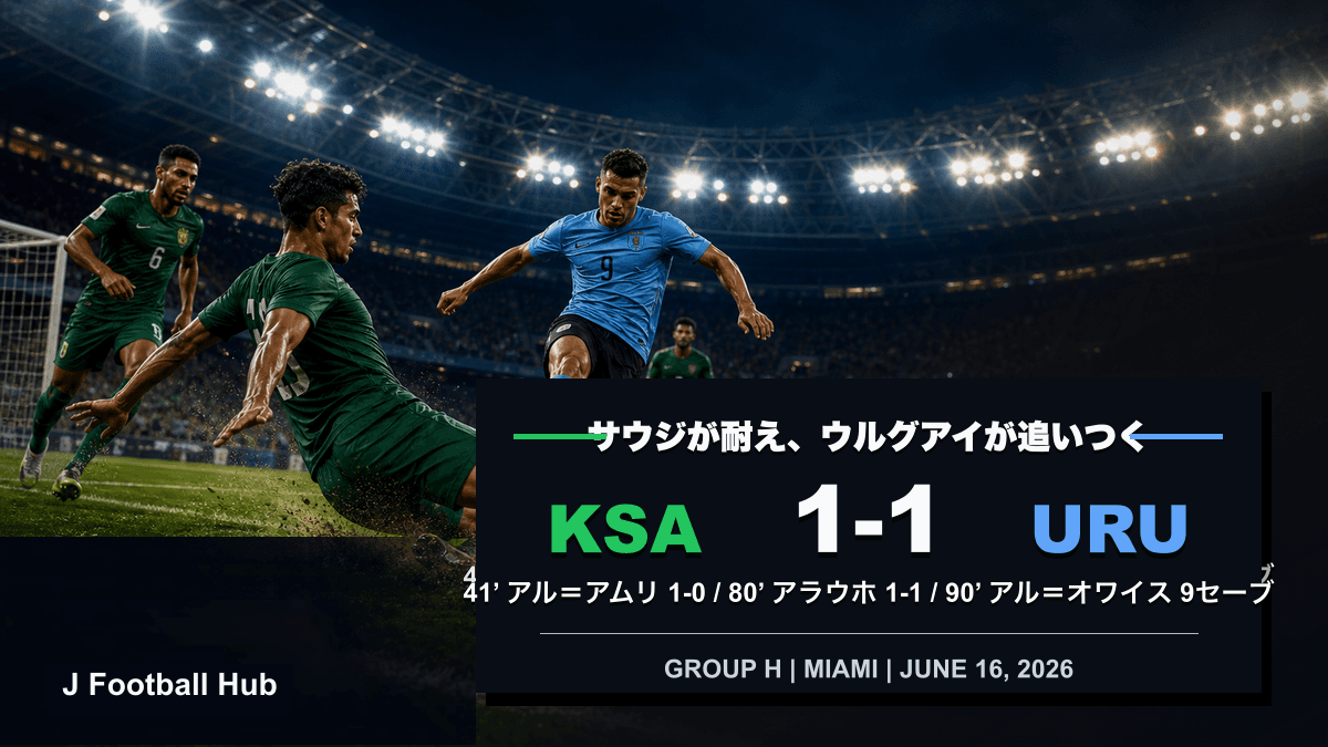 サウジアラビア対ウルグアイの1-1を扱うW杯26グループH試合レビュー用サムネイル
