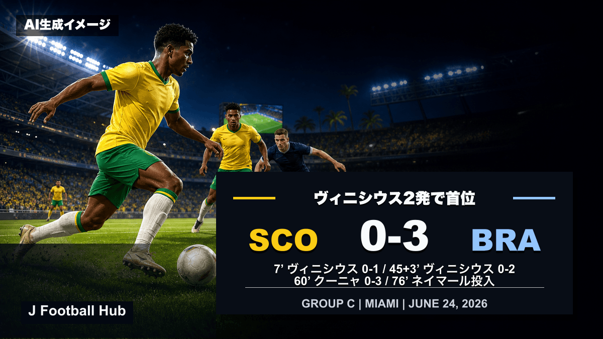 ブラジルがスコットランドに3-0で勝利したW杯26グループC最終節のスコア入り試合レビュー用サムネイル