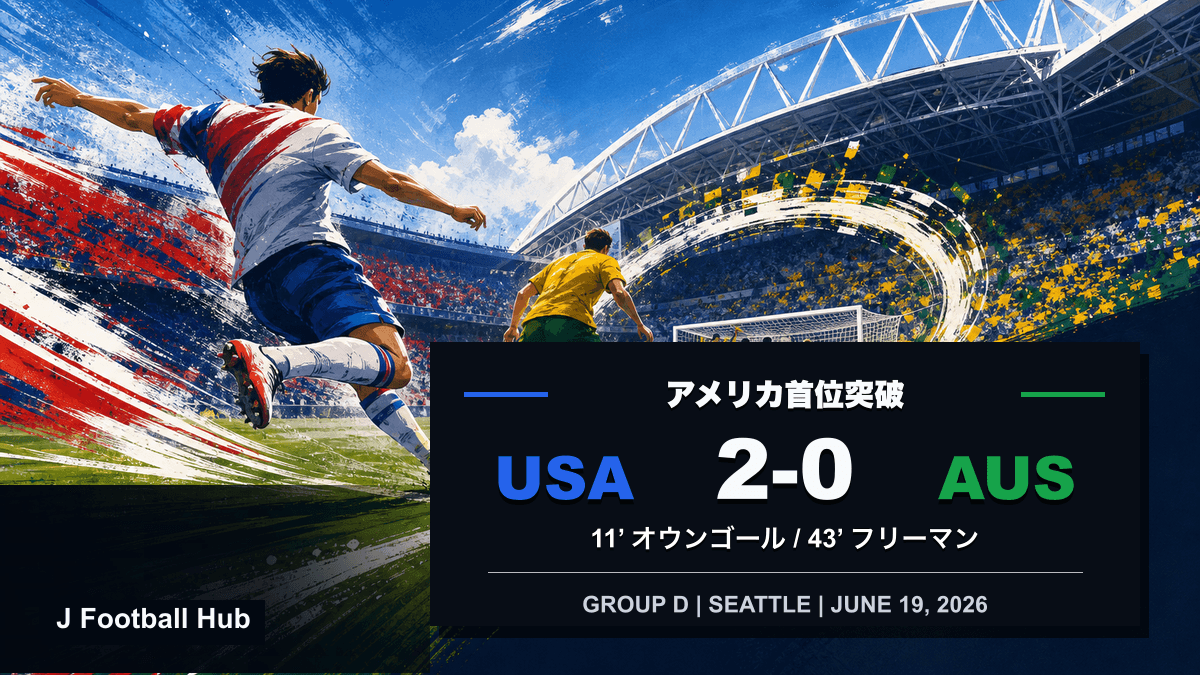 アメリカがオーストラリアに2-0で勝利したW杯26グループD第2戦のスコア入り試合レビュー用サムネイル