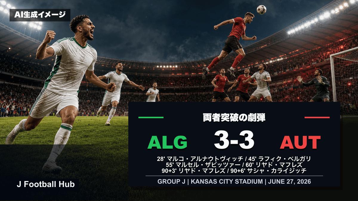 アルジェリアとオーストリアが3-3で引き分けたW杯26グループJ試合レビュー用サムネイル