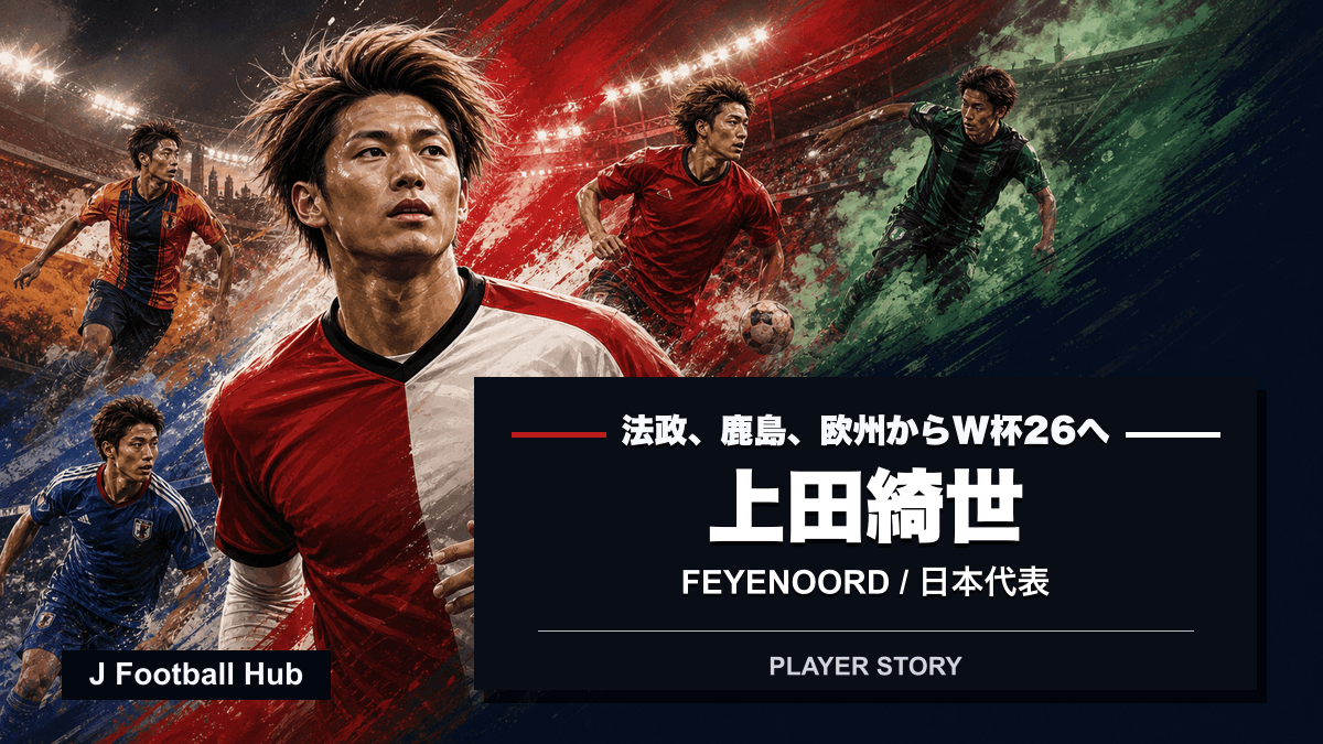 上田綺世が法政大、鹿島アントラーズ、セルクル・ブルージュ、フェイエノールト、日本代表へ進む選手ストーリー用サムネイル