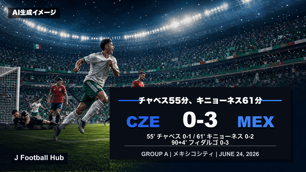 メキシコがチェコを3-0で下したW杯26グループA第3節のスコア入り試合レビュー用サムネイル