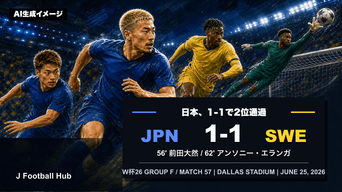 日本がスウェーデンと1-1で引き分け、2位でブラジル戦へ進んだW杯26レビュー用AIイラストサムネイル