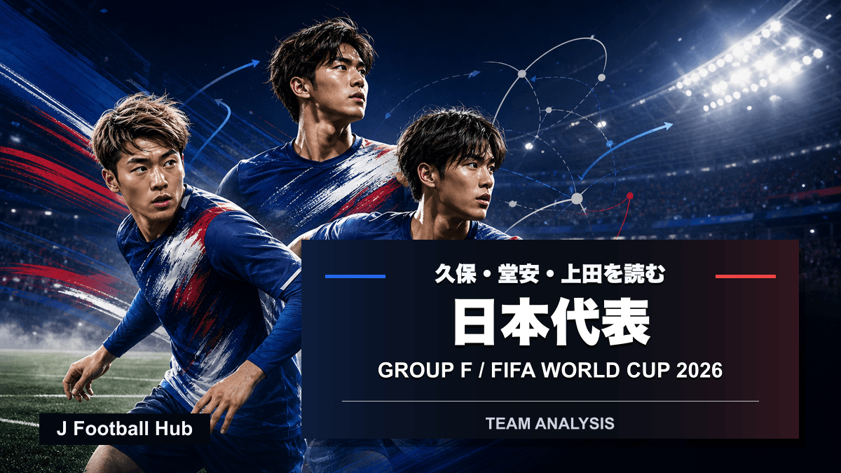 W杯26の日本代表分析を示す、久保建英、堂安律、上田綺世を象徴する編集部イラスト