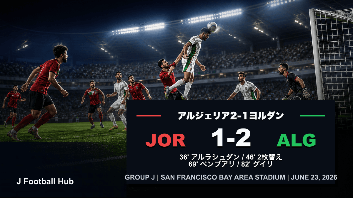 アルジェリアがヨルダンに2-1で逆転勝利したW杯26グループJ試合レビュー用サムネイル