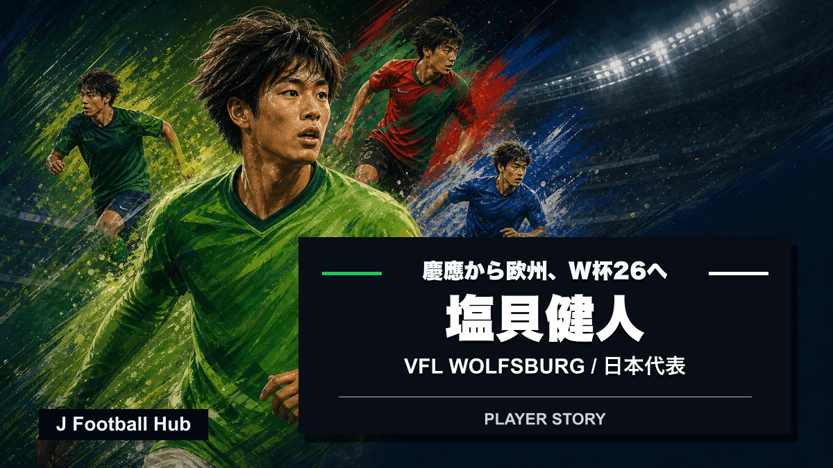 塩貝健人が慶應義塾大、NECナイメヘン、VfLヴォルフスブルク、日本代表文脈へ進む選手ストーリー用サムネイル