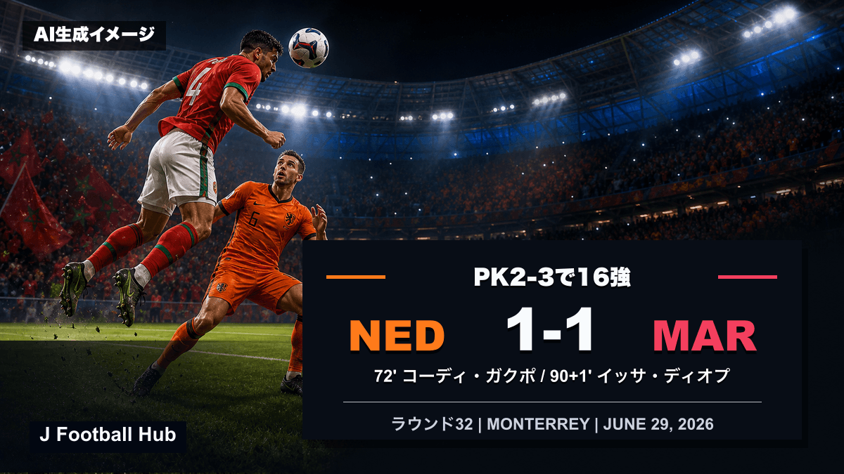 モロッコがオランダを1-1からPK2-3で下したW杯26ラウンド32の試合レビュー用サムネイル