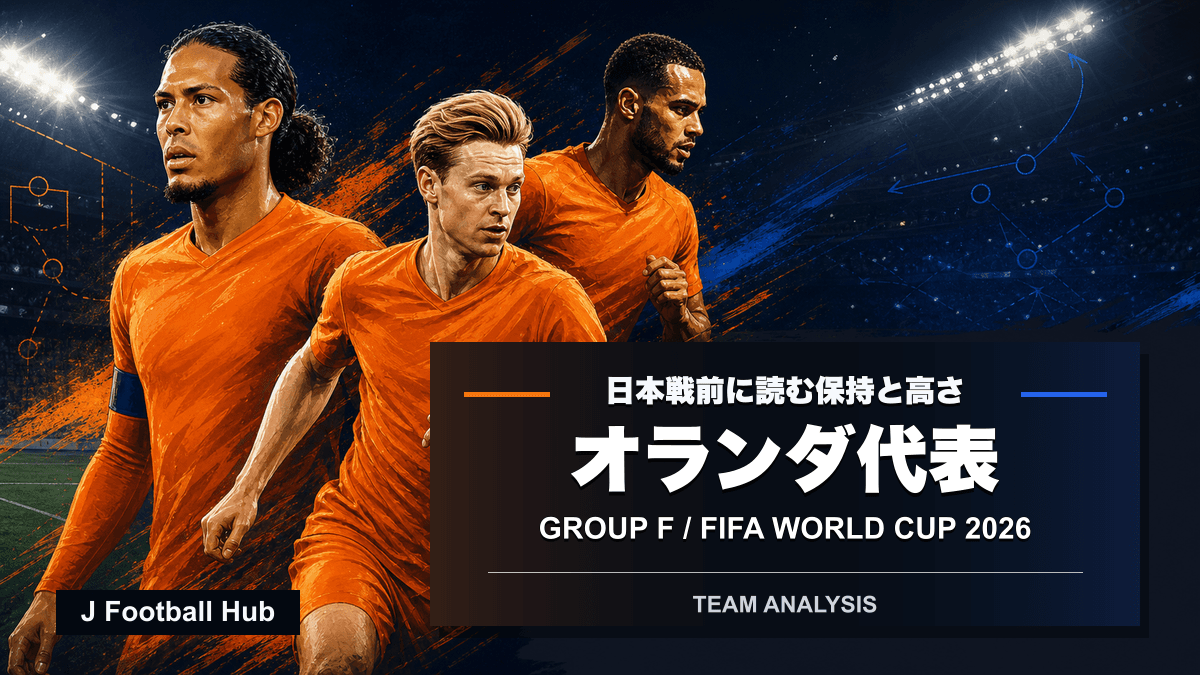 W杯26へ向かうオランダ代表分析を示す、オレンジの中心メンバー3人と青の日本の前進レーンの編集部イラスト