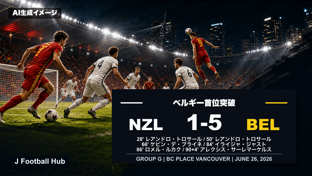 ニュージーランド対ベルギーの1-5、トロサール2得点、ベルギー首位突破を示すW杯26グループG試合レビュー用サムネイル