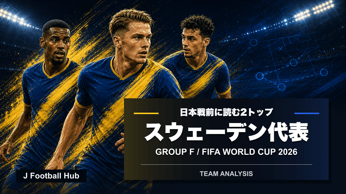 W杯26へ向かうスウェーデン代表分析を示す、青黄の中心メンバー3人と青の日本の前進レーンの編集部イラスト