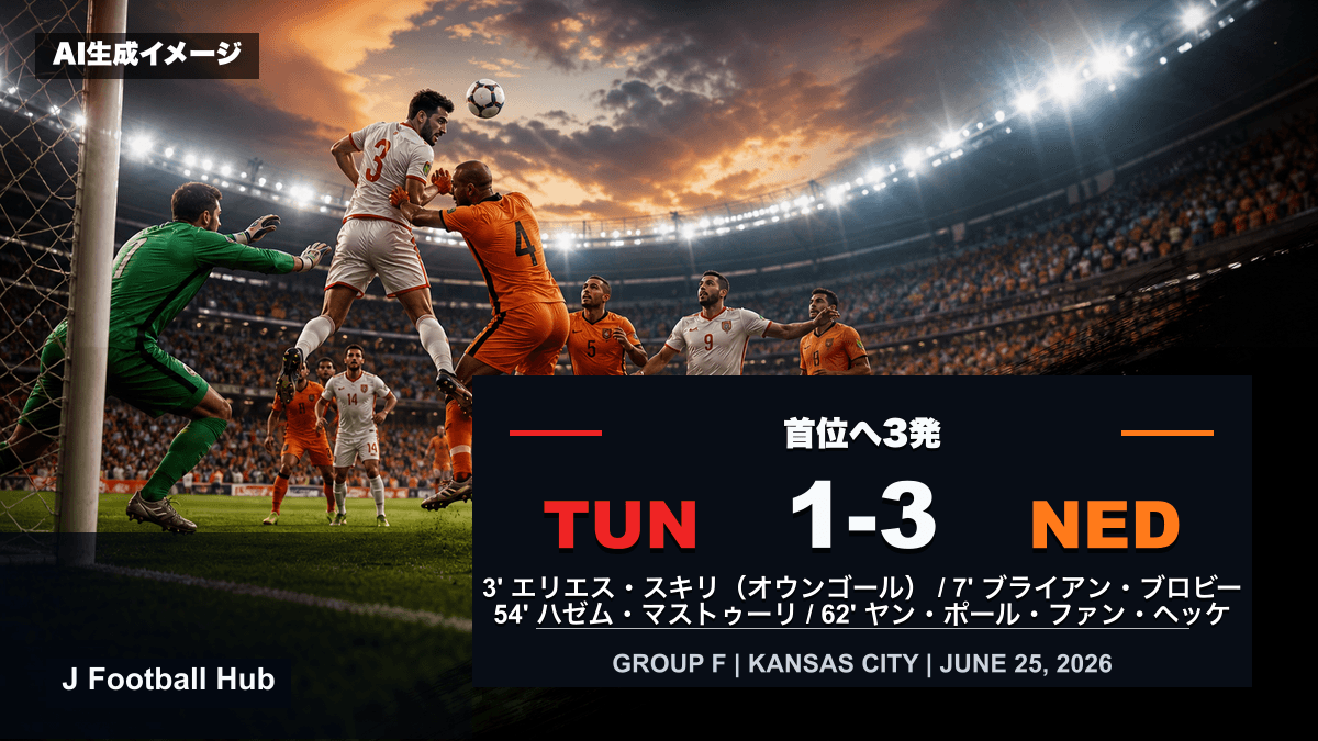 チュニジア対オランダの1-3、開始7分の2点とファン・ヘッケの3点目を示すW杯26グループF試合レビュー用サムネイル
